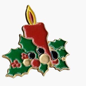 Christmas Candle Pin Brooch Holly Vintage Holiday Jewelry Metal Enamel